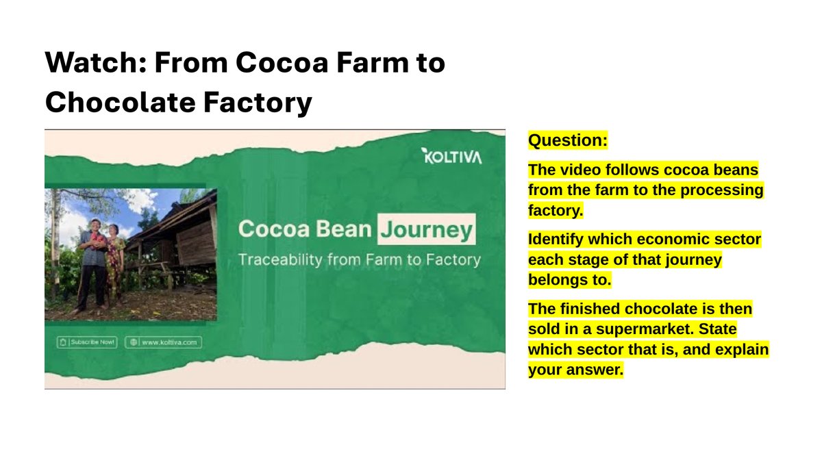 Video case study slide from lesson 1.2 of Cambridge IGCSE Business 0264: from cocoa farm to chocolate factory, with the discussion question