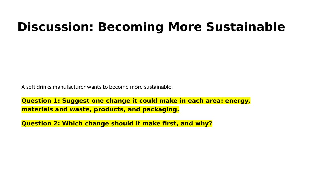 Slide from lesson 4.3 of Cambridge IGCSE Business 0264: Sustainable Production