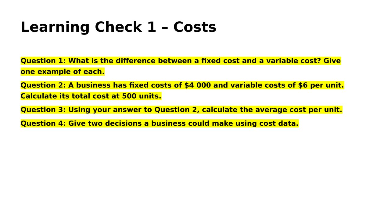 Learning check slide from lesson 4.4: costs