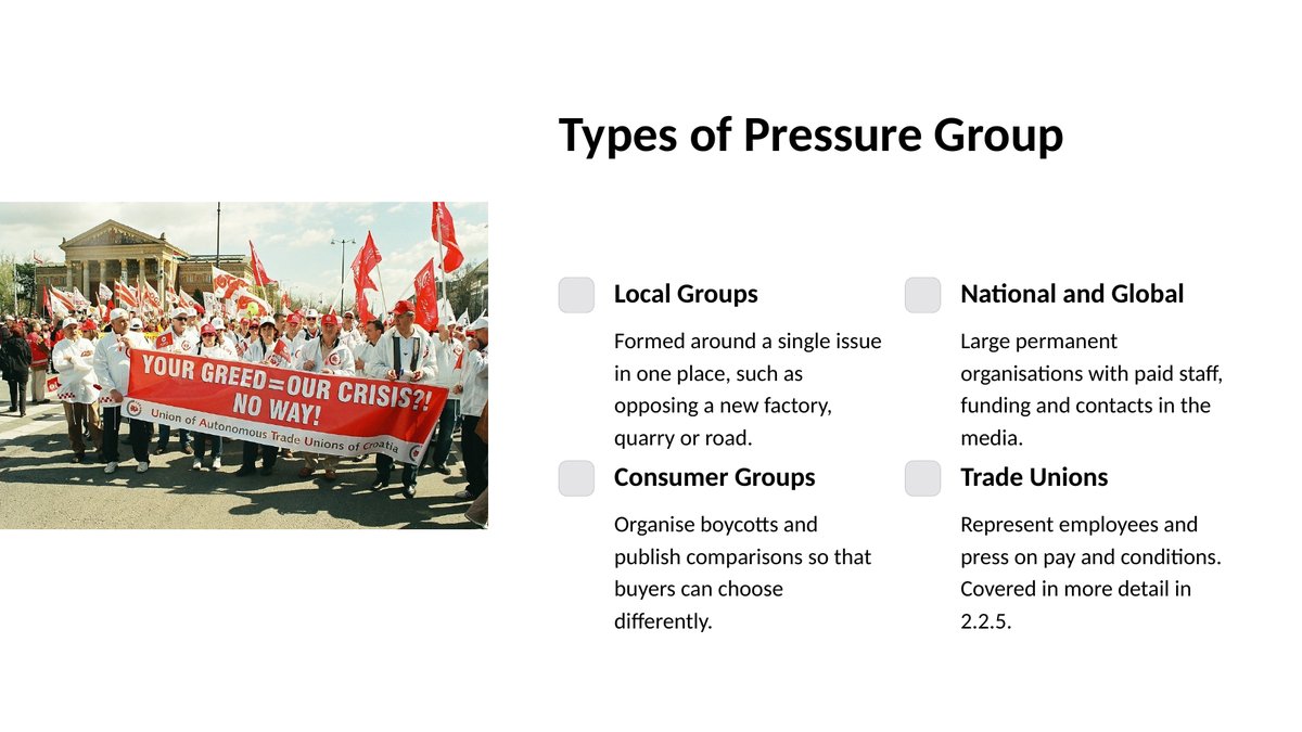Slide from lesson 6.5 of Cambridge IGCSE Business 0264: Pressure Groups