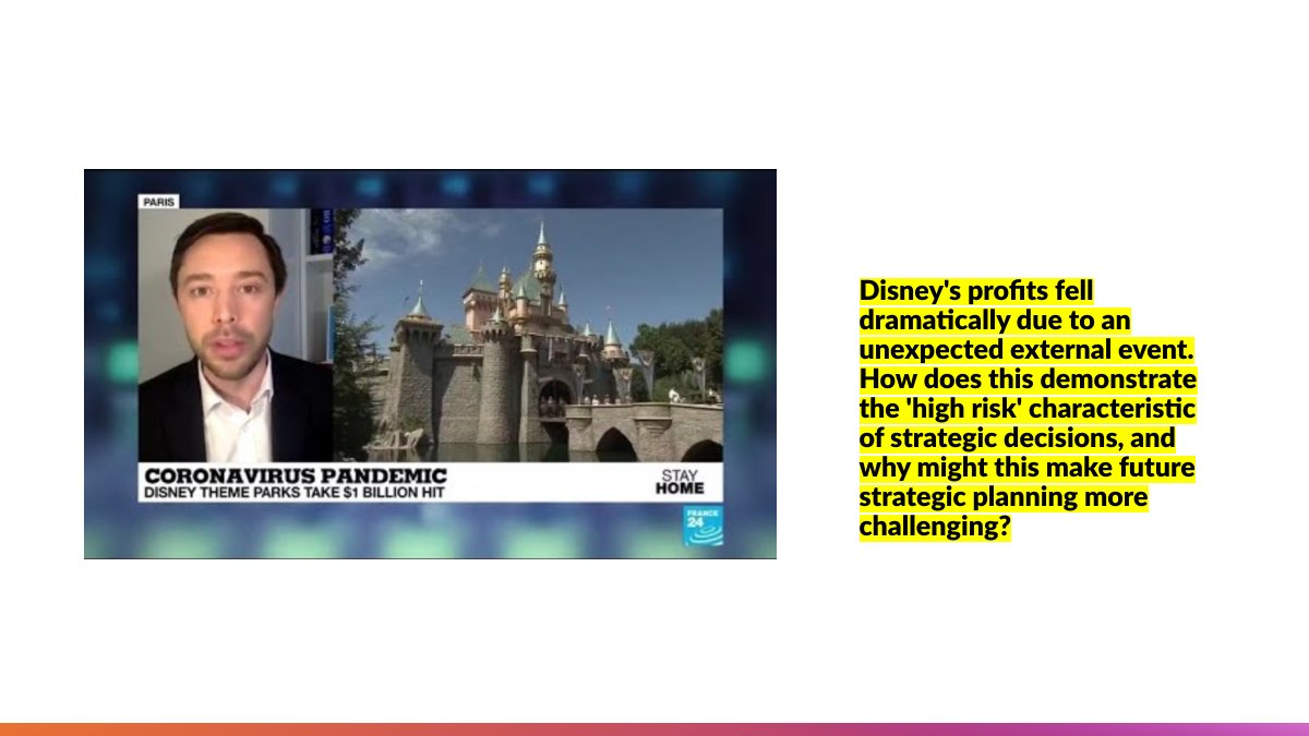 Video case study slide from lesson 6.2.1 of Cambridge A Level Business 9609: the pandemic hit to Disney's theme parks and strategic risk, with the discussion question