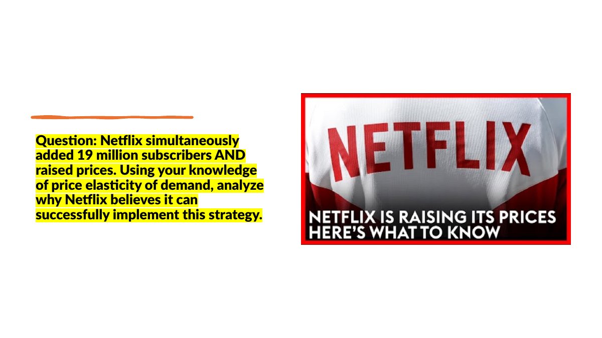 Video case study slide from lesson 8.1 of Cambridge A Level Business 9609: Netflix raising prices while adding subscribers, with the price elasticity question