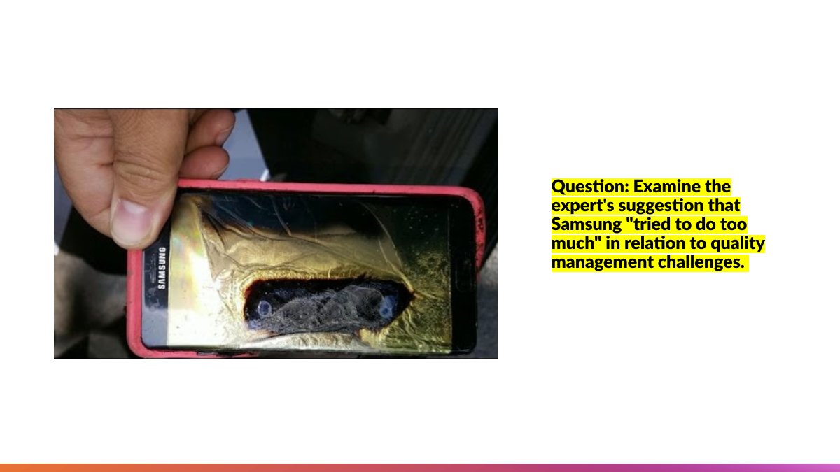 Video case study slide from lesson 9.2 of Cambridge A Level Business 9609: the Samsung battery recall and quality management, with the discussion question