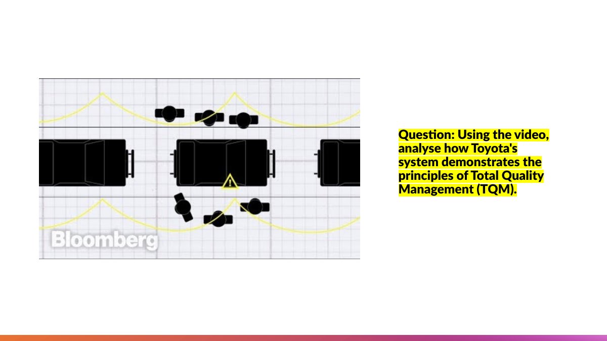 Video case study slide from lesson 9.2 of Cambridge A Level Business 9609: Toyota's production system and TQM, with the discussion question