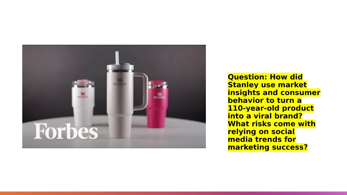 Video case study slide from lesson 3.2 of Cambridge AS Level Business 9609: how Stanley used market insight to go viral, with the discussion question