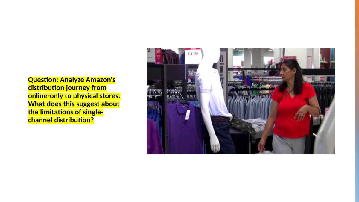 Video case study slide from lesson 3.3 of Cambridge AS Level Business 9609: Amazon's move from online-only to physical stores, with the discussion question