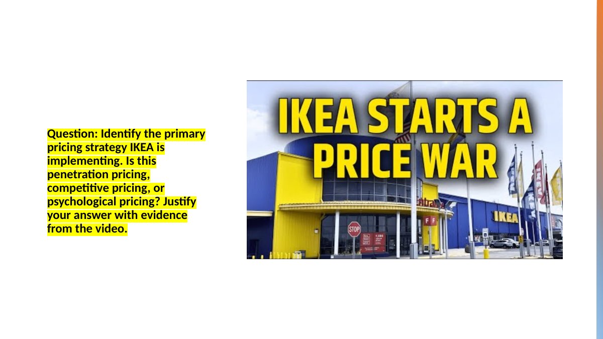 Video case study slide from lesson 3.3 of Cambridge AS Level Business 9609: IKEA's price war, with the pricing strategy question